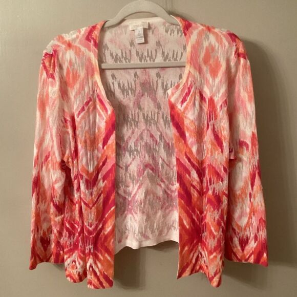 CHICO’S SIZE (2) LARGE 12 GEOMETRIC PRINT SHEER BURNOUT OPEN CARDIGAN SWEATER - Picture 2 of 7